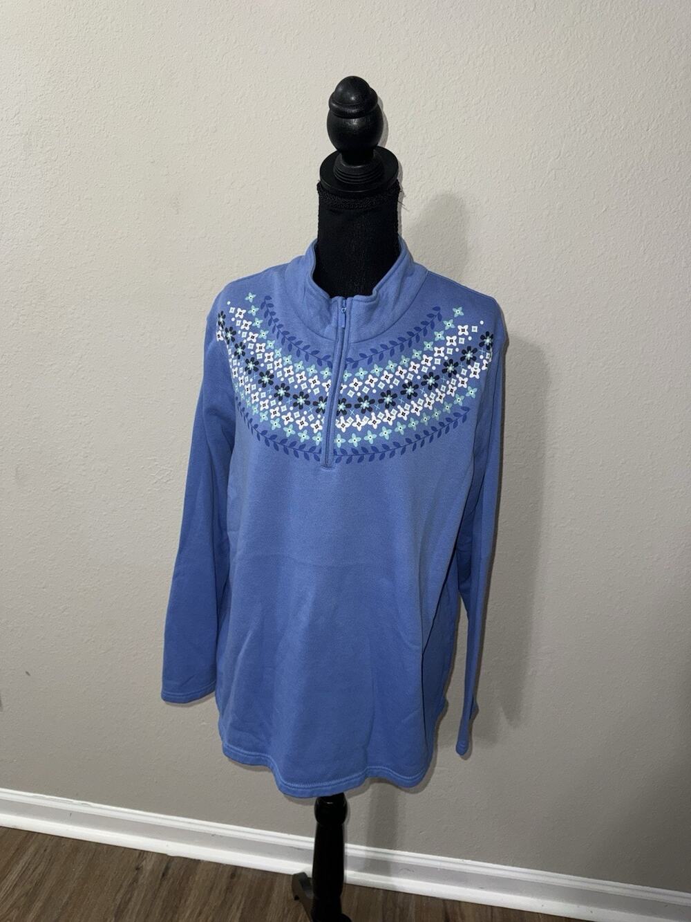 Blair Quarter Zip Sweatshirt XL Blue Floral Geometric Yoke Winter Cottagecore